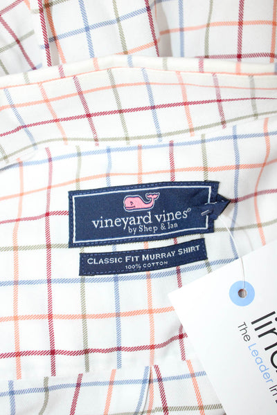 Vineyard Vines Mens Button Front Collared Plaid Shirt White Green Peach Size XL