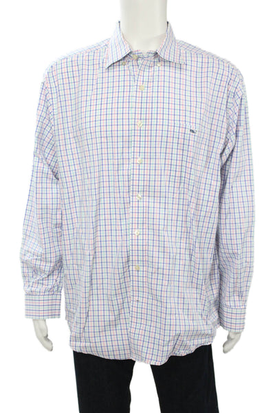 Vineyard Vines Mens Button Front Collared Plaid Shirt White Blue Green Size XL