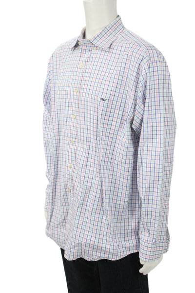 Vineyard Vines Mens Button Front Collared Plaid Shirt White Blue Green Size XL
