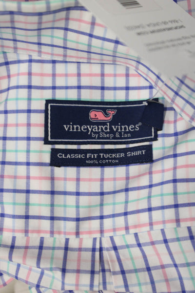 Vineyard Vines Mens Button Front Collared Plaid Shirt White Blue Green Size XL