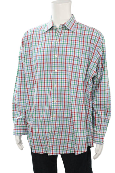Vineyard Vines Mens Button Front Collared Plaid Shirt White Red Green Size XL