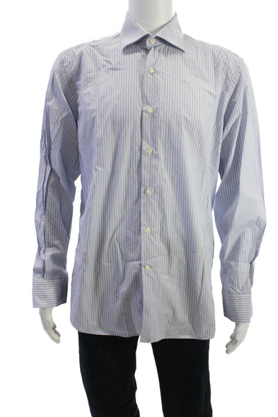 Hickey Freeman Mens Point Collar Blue Striped Cotton Dress Shirt Size 16.5