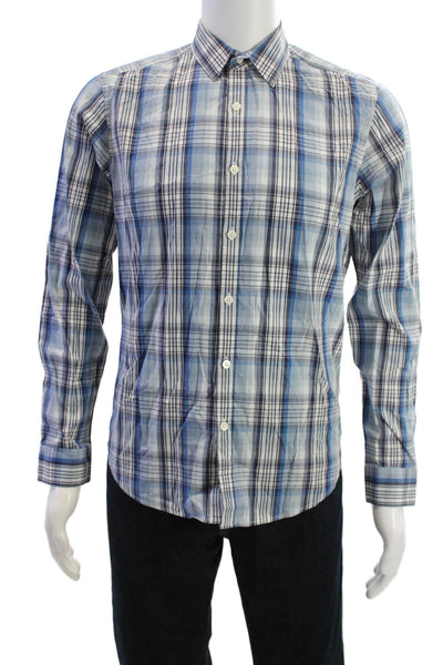 Theory Mens Button Front Long Sleeve Collared Plaid Shirt Blue White Size Small