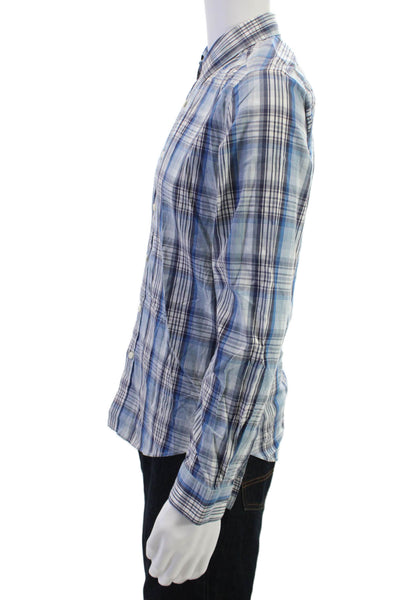 Theory Mens Button Front Long Sleeve Collared Plaid Shirt Blue White Size Small