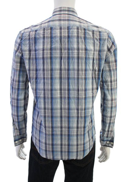 Theory Mens Button Front Long Sleeve Collared Plaid Shirt Blue White Size Small
