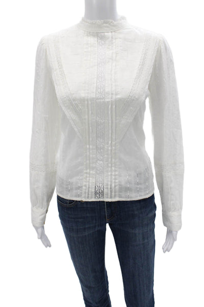 Zara Women White Cotton High Neck Button Long Sleeve Blouse Fall Size XS