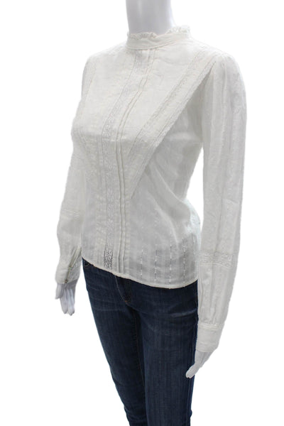 Zara Women White Cotton High Neck Button Long Sleeve Blouse Fall Size XS