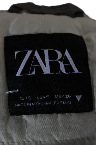 Zara Women Army Bomber Jacket Brown Collared Polyester Long Sleeve Size S