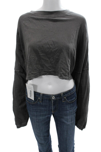 Out From Under Women Cropped T-Shirt Dark Gray Button Long Sleeve Cotton Size L