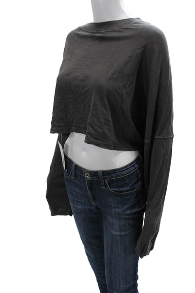 Out From Under Women Cropped T-Shirt Dark Gray Button Long Sleeve Cotton Size L