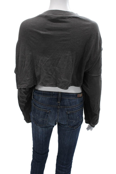 Out From Under Women Cropped T-Shirt Dark Gray Button Long Sleeve Cotton Size L