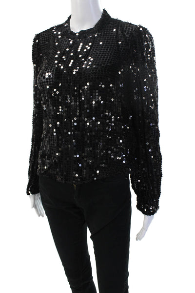 J Crew Women Black Cupro Crew Neck Long Sleeve Blouse Button Size S