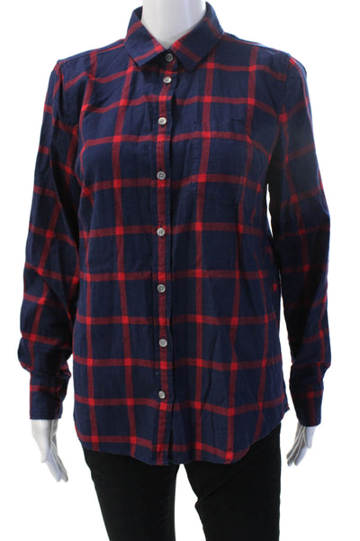 J Crew Women Basic Dark Blue Plaid Cotton Collared Button-Up Long Sleeve Size M