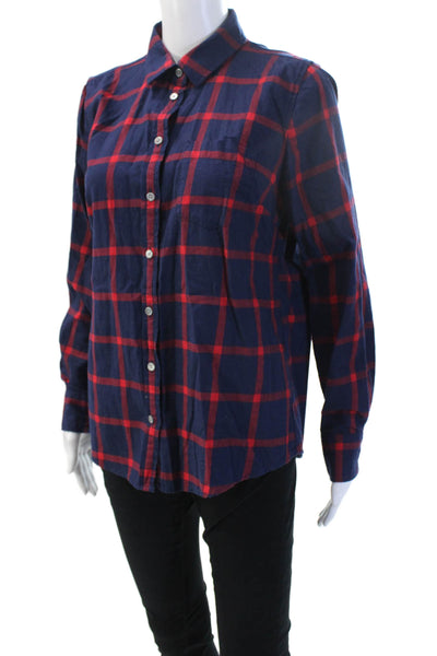 J Crew Women Basic Dark Blue Plaid Cotton Collared Button-Up Long Sleeve Size M