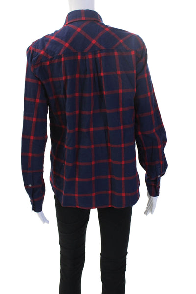 J Crew Women Basic Dark Blue Plaid Cotton Collared Button-Up Long Sleeve Size M