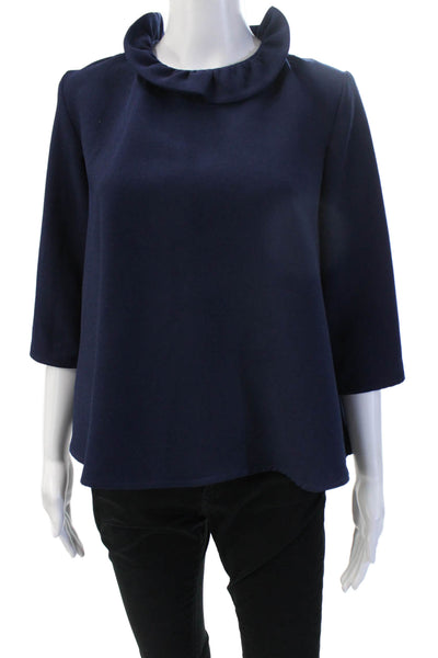 Pomander Place Women Dark Blue High Neck 3/4 Sleeve Tie Blouse Size S