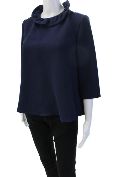 Pomander Place Women Dark Blue High Neck 3/4 Sleeve Tie Blouse Size S