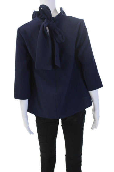 Pomander Place Women Dark Blue High Neck 3/4 Sleeve Tie Blouse Size S