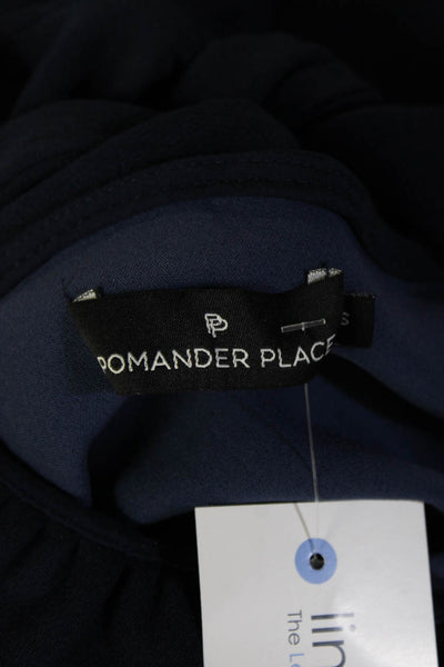 Pomander Place Women Dark Blue High Neck 3/4 Sleeve Tie Blouse Size S