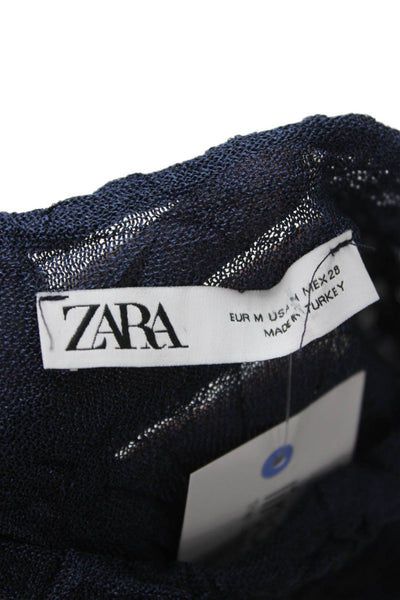 Zara Womens Mock Neck Long Sleeve Dark Blue Polyester Top Size M
