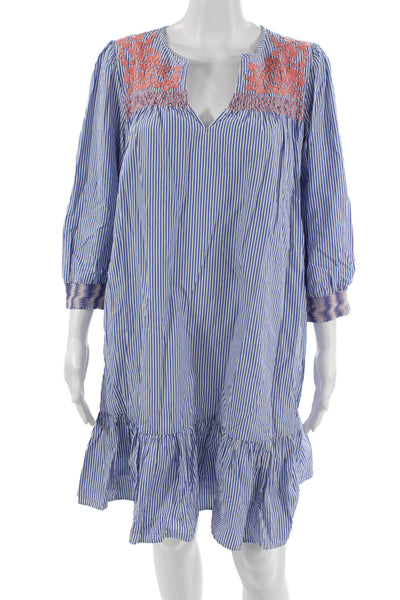 J Crew Women Shirt Dress Blue Striped V-Neck 3/4 Sleeve Size S
