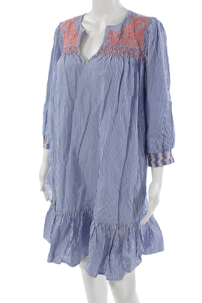 J Crew Women Shirt Dress Blue Striped V-Neck 3/4 Sleeve Size S