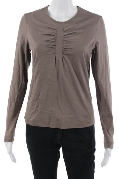 Rena Lange Womens Basic Brown Long Sleeve T-Shirt Round Neck Cotton Size M