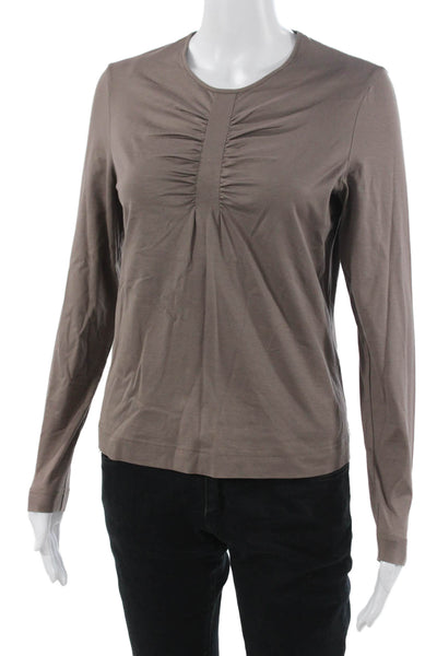 Rena Lange Womens Basic Brown Long Sleeve T-Shirt Round Neck Cotton Size M