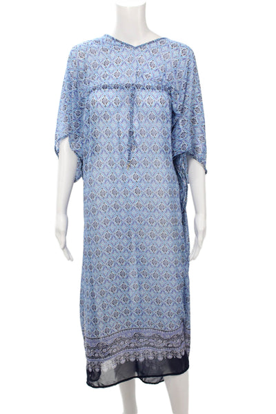 Tommy Bahama Womens Kaftan Maxi Blue Geometric V-Neck Drawstring Size S