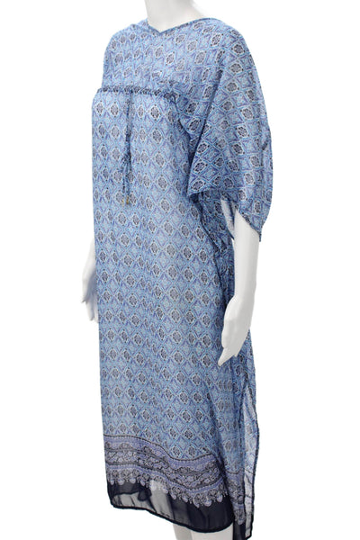 Tommy Bahama Womens Kaftan Maxi Blue Geometric V-Neck Drawstring Size S