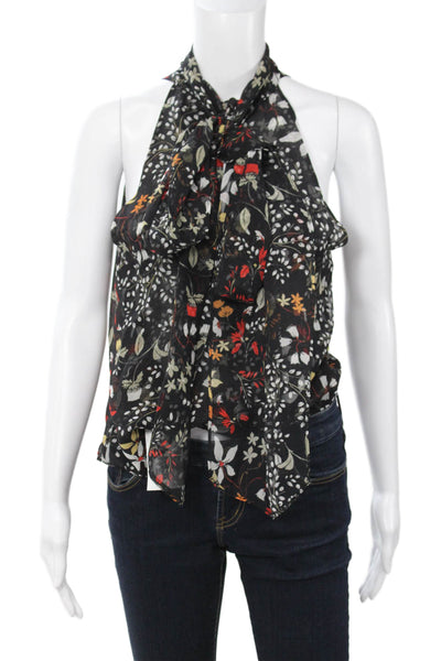 Intermix Women Black Silk High Neck Floral Sleeveless Tie Blouse Size S