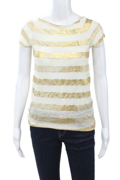 Majestic Filatures Womens Striped Linen T-Shirt White Short Sleeve Size 1