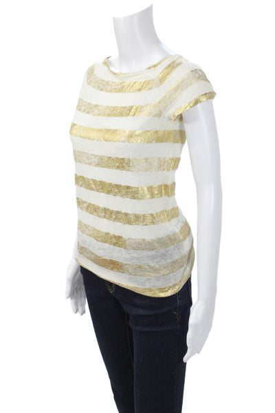 Majestic Filatures Womens Striped Linen T-Shirt White Short Sleeve Size 1