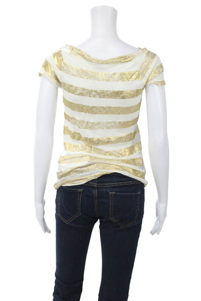 Majestic Filatures Womens Striped Linen T-Shirt White Short Sleeve Size 1