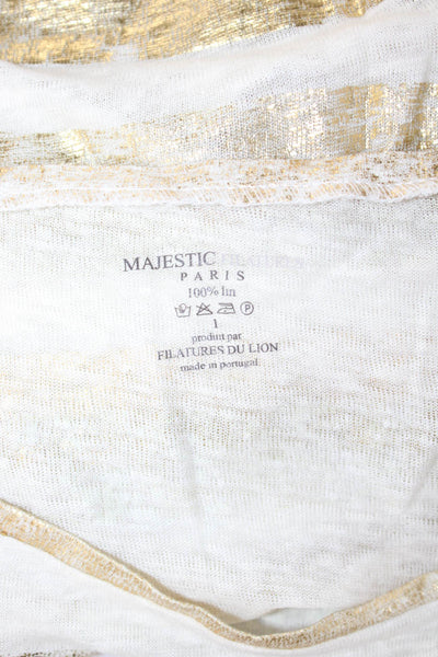 Majestic Filatures Womens Striped Linen T-Shirt White Short Sleeve Size 1