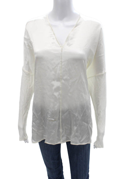 Vince Womens Silk Blend V Neck Long Sleeve Basic Blouse White Size M