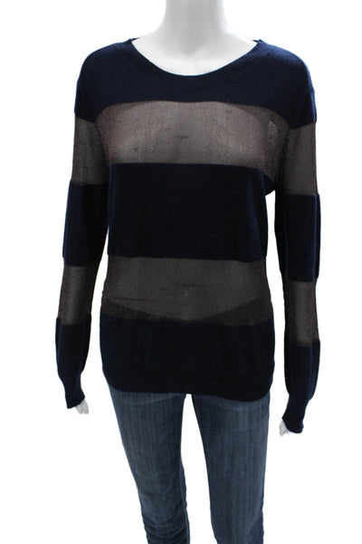 Whit Unisex Striped Dark Blue Cashmere Blend Crew Neck Pullover Sweater Size M