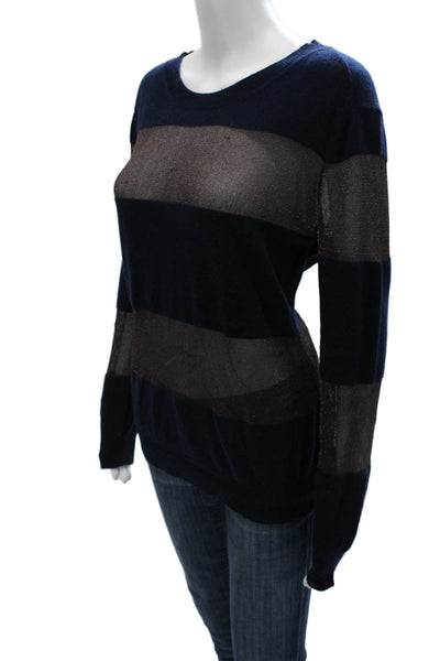 Whit Unisex Striped Dark Blue Cashmere Blend Crew Neck Pullover Sweater Size M