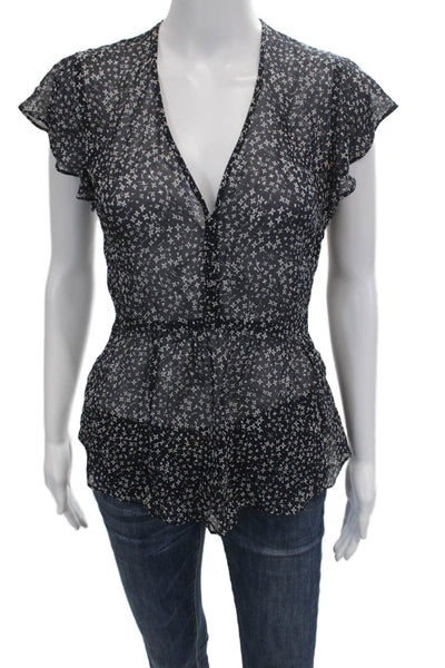 Club Monaco Women Black Silk V-Neck Geometric Star Sleeveless Blouse Size XS