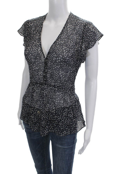 Club Monaco Women Black Silk V-Neck Geometric Star Sleeveless Blouse Size XS