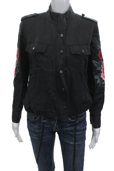 Rails Womens Military Jacket Black Floral Lyocell Long Sleeve Size XS