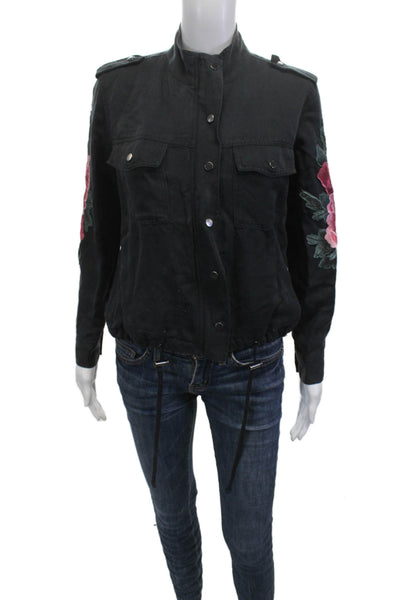 Rails Womens Military Jacket Black Floral Lyocell Long Sleeve Size XS