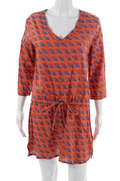 Serena & Lily Women Shirt Dress Orange V-Neck 3/4 Sleeve Cotton Beach Size S