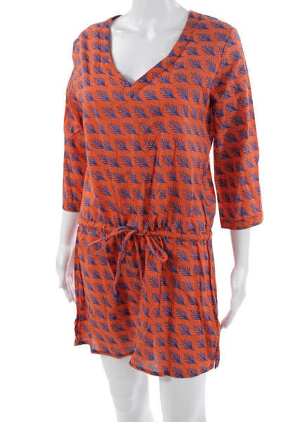 Serena & Lily Women Shirt Dress Orange V-Neck 3/4 Sleeve Cotton Beach Size S