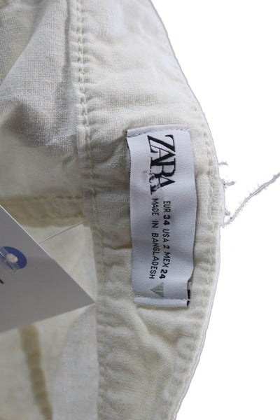 Zara Women Cropped White Pants Cotton Blend Button Closure Size 2