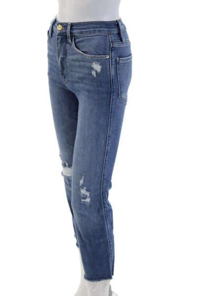 Frame Women Cropped Straight Jeans Blue Mid Rise Button Size 24