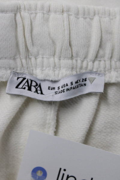 Zara Women Cropped Sweatpants White Drawstring Cotton Solid Beach Size S