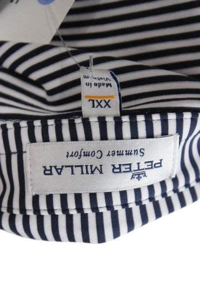 Peter Millar Mens Short Sleeve Collared Knit Striped Polo Shirt White Black 2XL