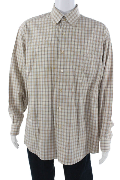 Ermenegildo Zegna Mens Button Front Collared Plaid Shirt Brown Blue Size 2XL