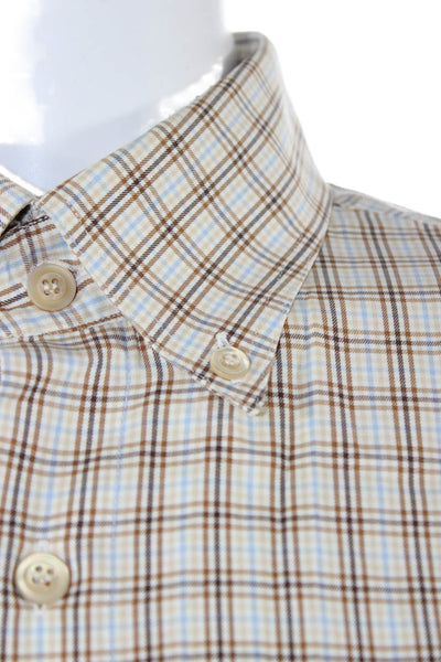 Ermenegildo Zegna Mens Button Front Collared Plaid Shirt Brown Blue Size 2XL
